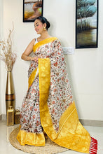 Load image into Gallery viewer, Banarasi Silk Floral Printed Contrast Woven Saree Mustard Yellow Clothsvilla