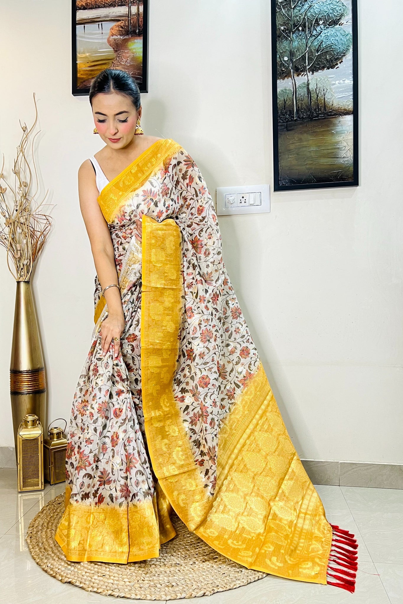 Mustard Yellow Saree in Banarasi Silk Floral Print - Clothsv