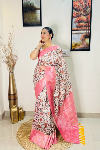 Banarasi Silk Floral Printed Contrast Woven Saree Pink Clothsvilla