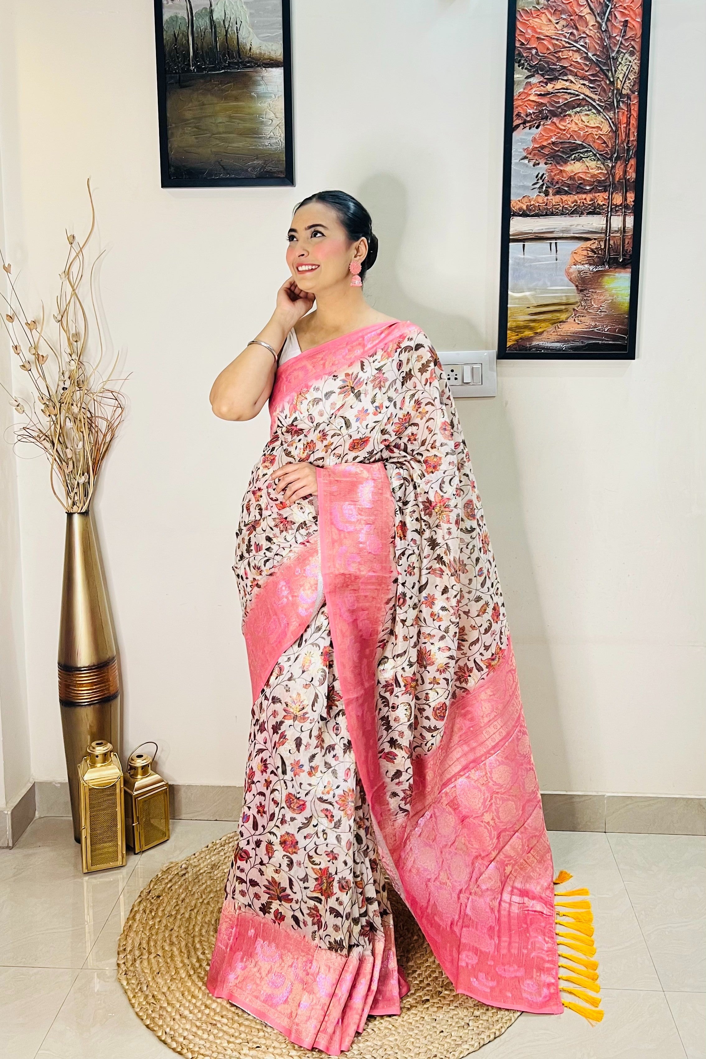 Banarasi Silk Floral Printed Contrast Woven Saree Pink Clothsvilla