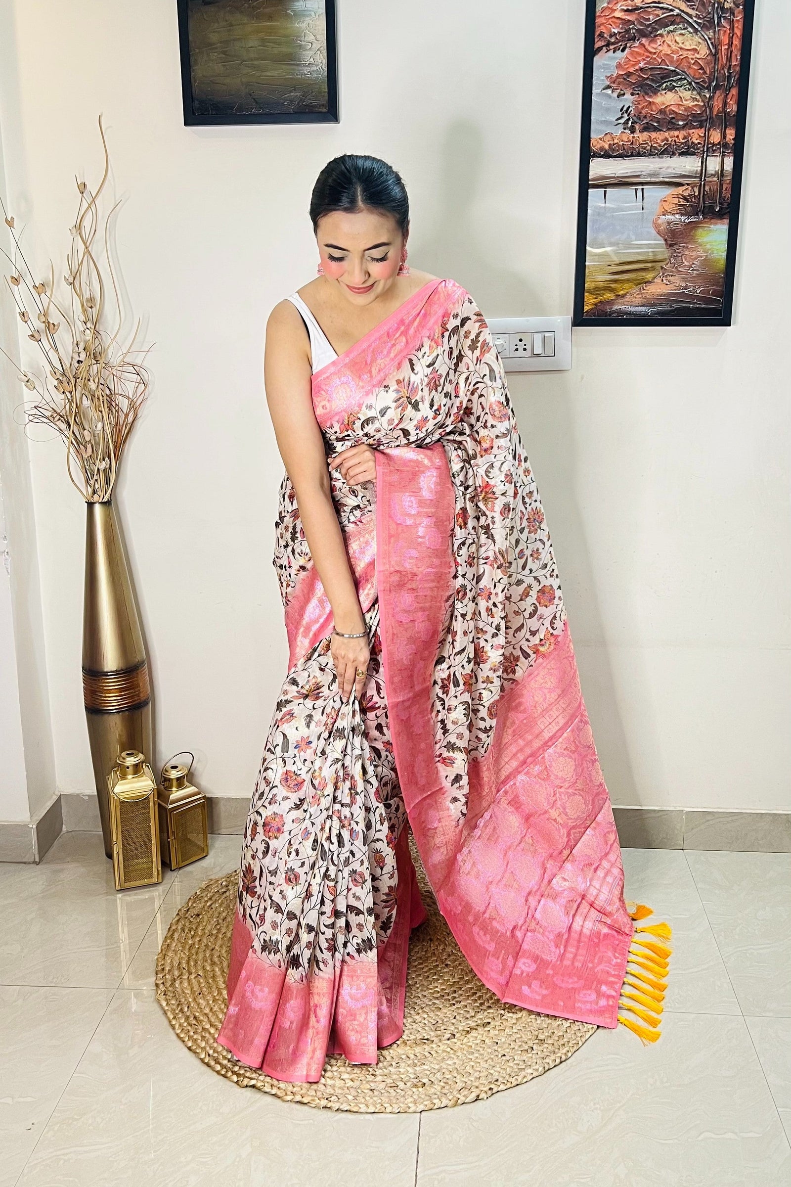 Banarasi Silk Floral Printed Contrast Woven Saree Pink Clothsvilla