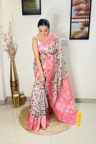 Banarasi Silk Floral Printed Contrast Woven Saree Pink Clothsvilla