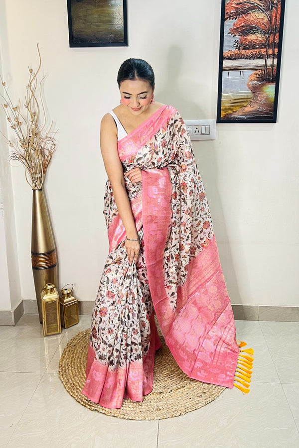 Banarasi Silk Floral Printed Contrast Woven Saree Pink Clothsvilla