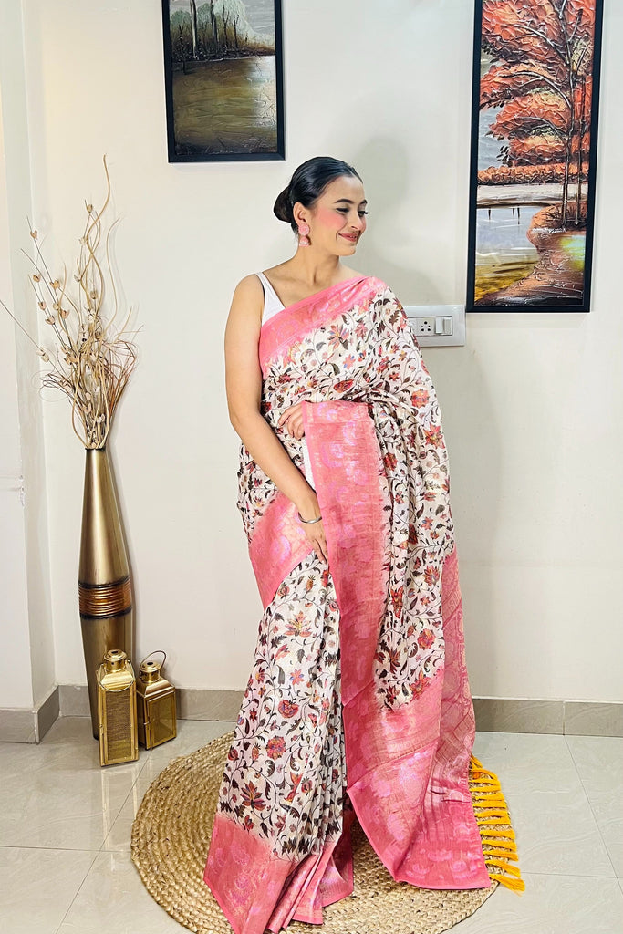 Banarasi Silk Floral Printed Contrast Woven Saree Pink Clothsvilla