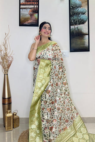 Banarasi Silk Floral Printed Contrast Woven Saree Pastel Green Clothsvilla