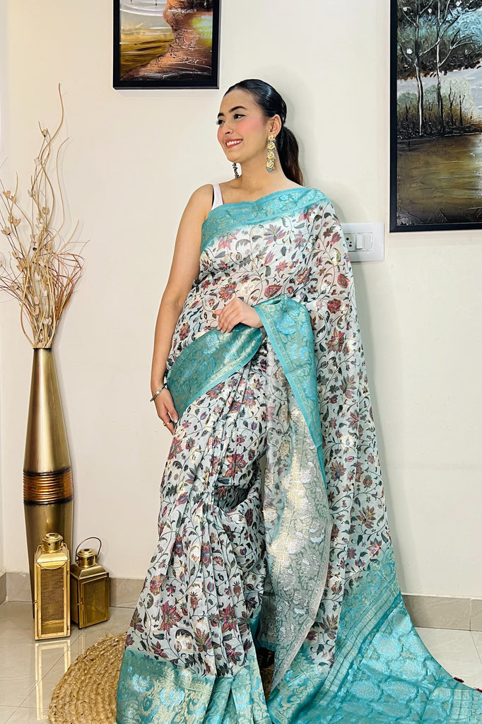Banarasi Silk Floral Printed Contrast Woven Saree Powder Blue Clothsvilla
