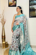 Load image into Gallery viewer, Banarasi Silk Floral Printed Contrast Woven Saree Powder Blue Clothsvilla