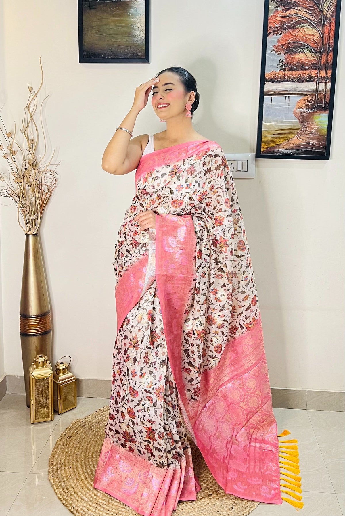 Banarasi Silk Floral Printed Contrast Woven Saree Pink Clothsvilla Main image