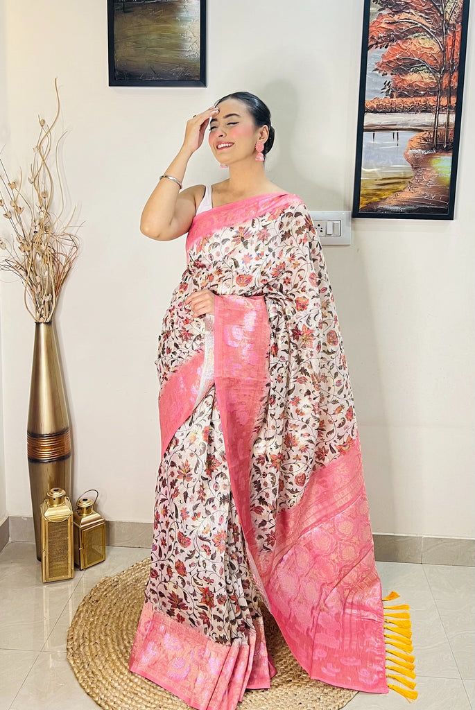 Banarasi Silk Floral Printed Contrast Woven Saree Pink Clothsvilla