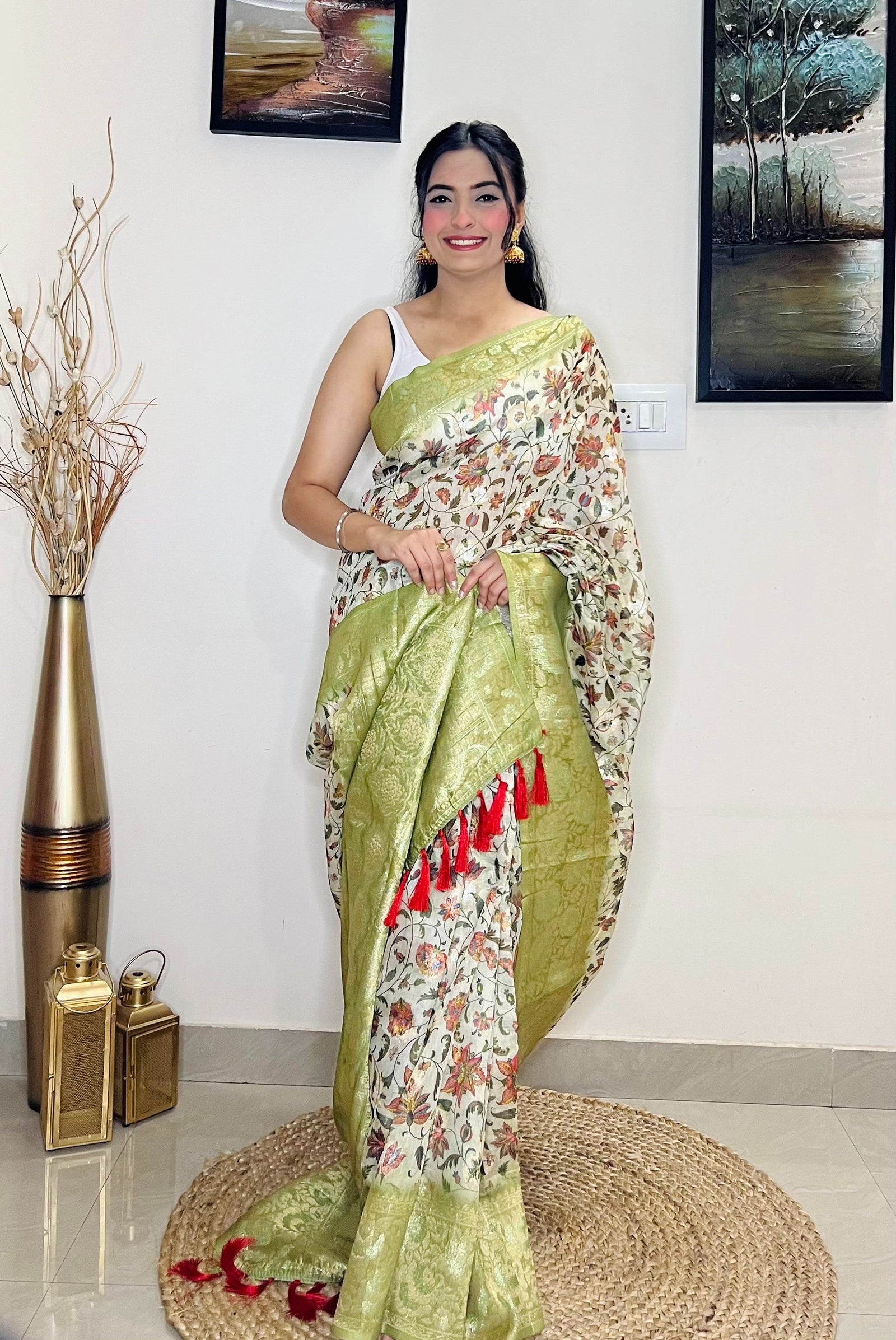 Banarasi Silk Floral Printed Contrast Woven Saree Pastel Green Clothsvilla