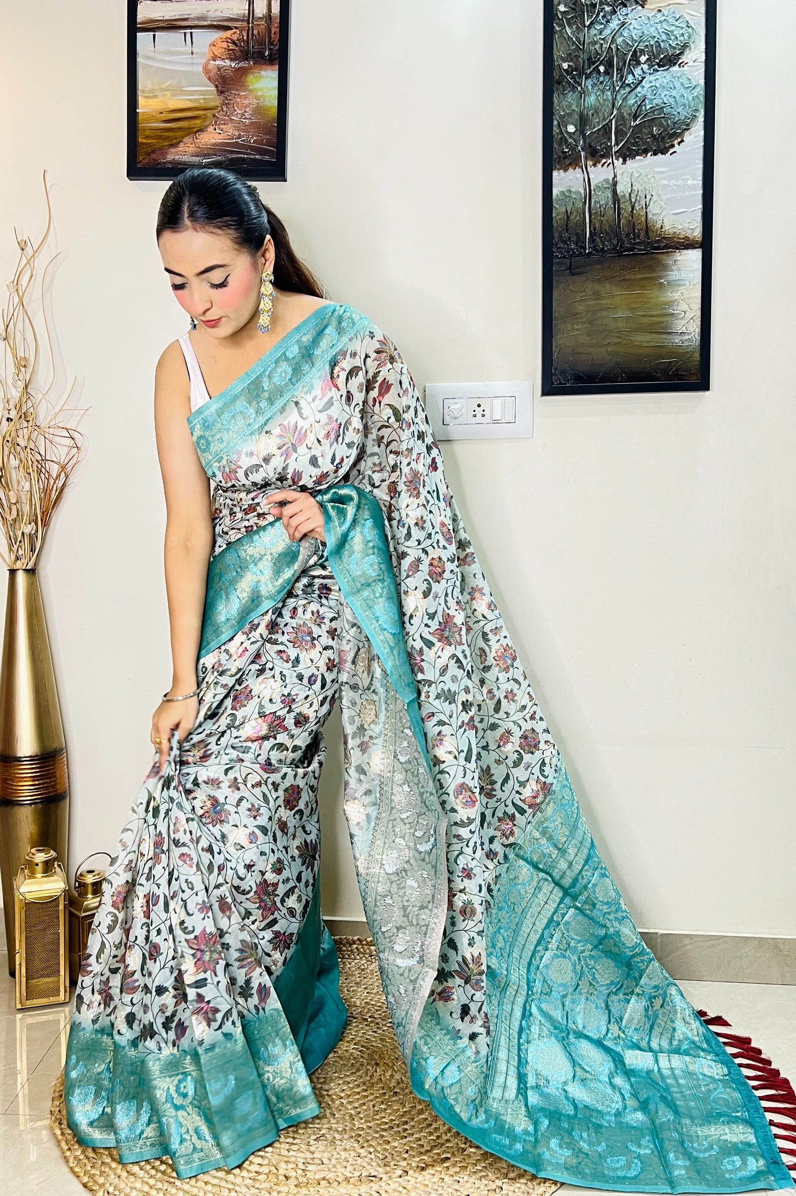 Banarasi Silk Floral Printed Contrast Woven Saree Powder Blue Clothsvilla