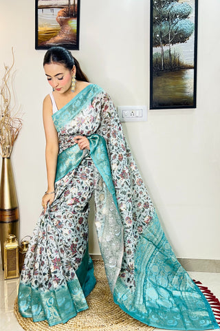 Banarasi Silk Floral Printed Contrast Woven Saree Powder Blue Clothsvilla
