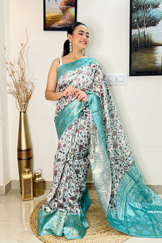 Banarasi Silk Floral Printed Contrast Woven Saree Powder Blue Clothsvilla