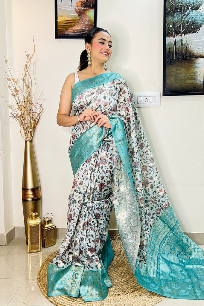 Banarasi Silk Floral Printed Contrast Woven Saree Powder Blue Clothsvilla