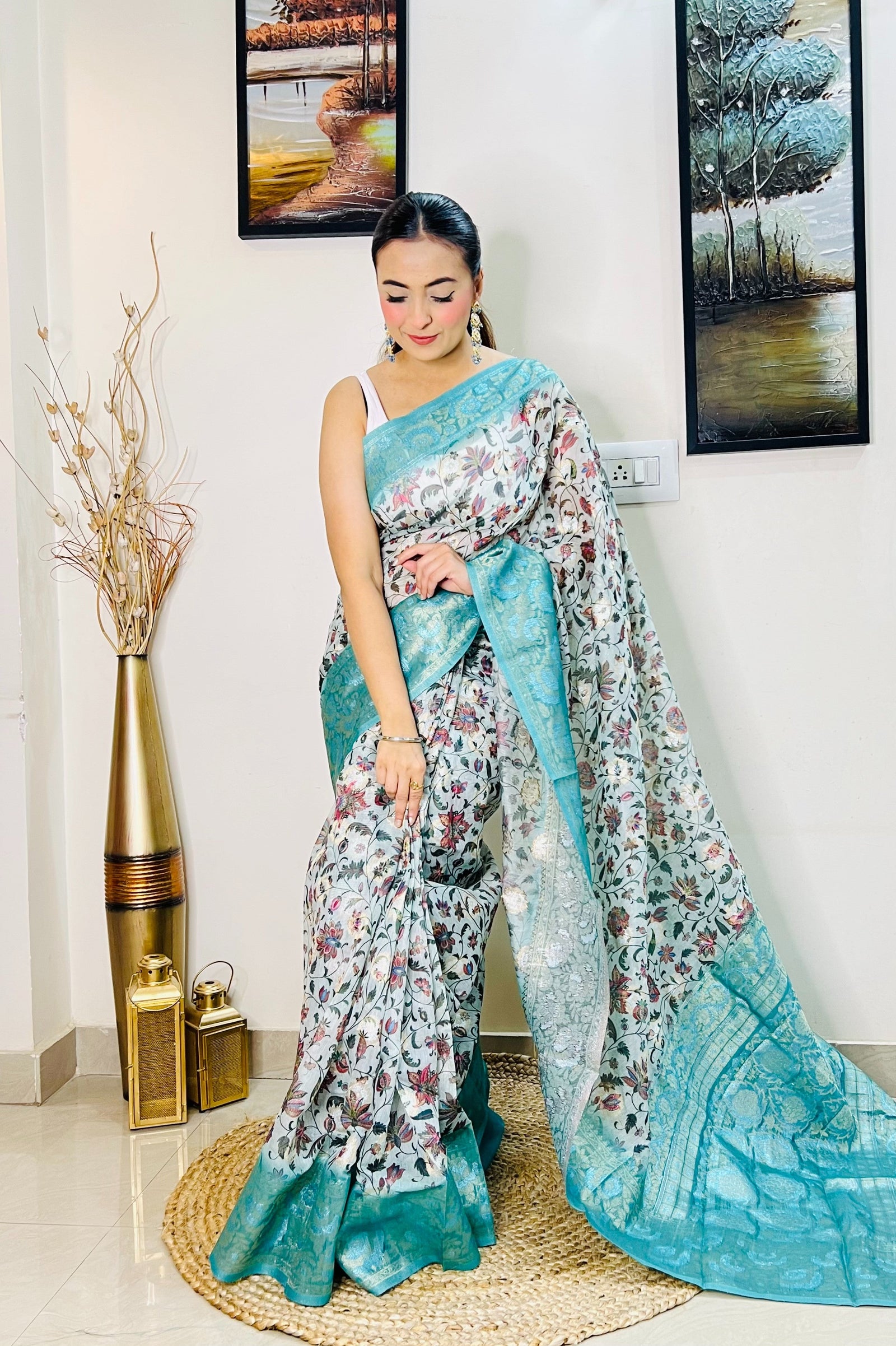 Banarasi Silk Floral Printed Contrast Woven Saree Powder Blue Clothsvilla
