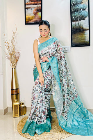 Banarasi Silk Floral Printed Contrast Woven Saree Powder Blue Clothsvilla