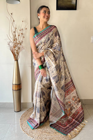Teal Blue Prerna Kalamkari Cotton Printed Saree Clothsvilla
