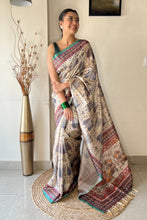 Load image into Gallery viewer, Teal Blue Prerna Kalamkari Cotton Printed Saree Clothsvilla