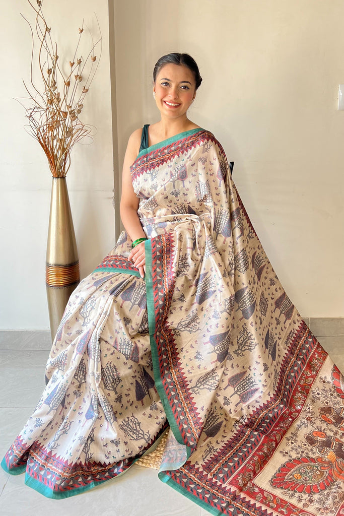 Teal Blue Prerna Kalamkari Cotton Printed Saree Clothsvilla