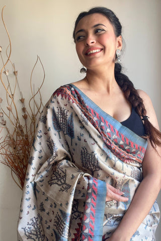 Teal Blue Prerna Kalamkari Cotton Printed Saree Clothsvilla