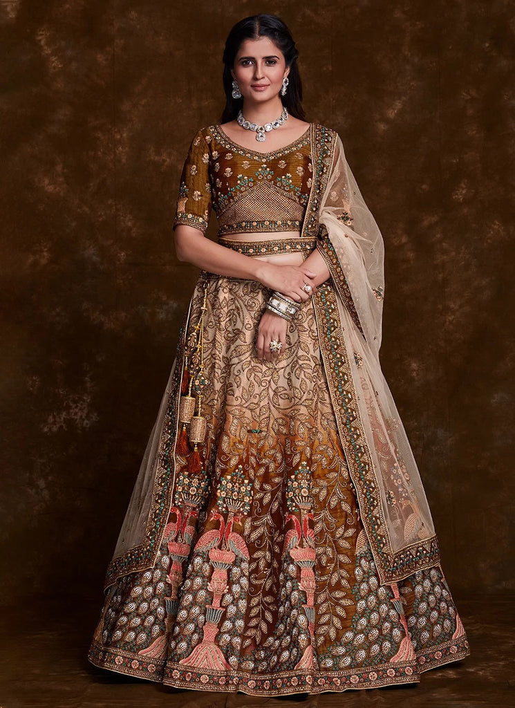 Indian Art Silk Brown Lehenga Set with Thread, Zari & Dori Work Clothsvilla