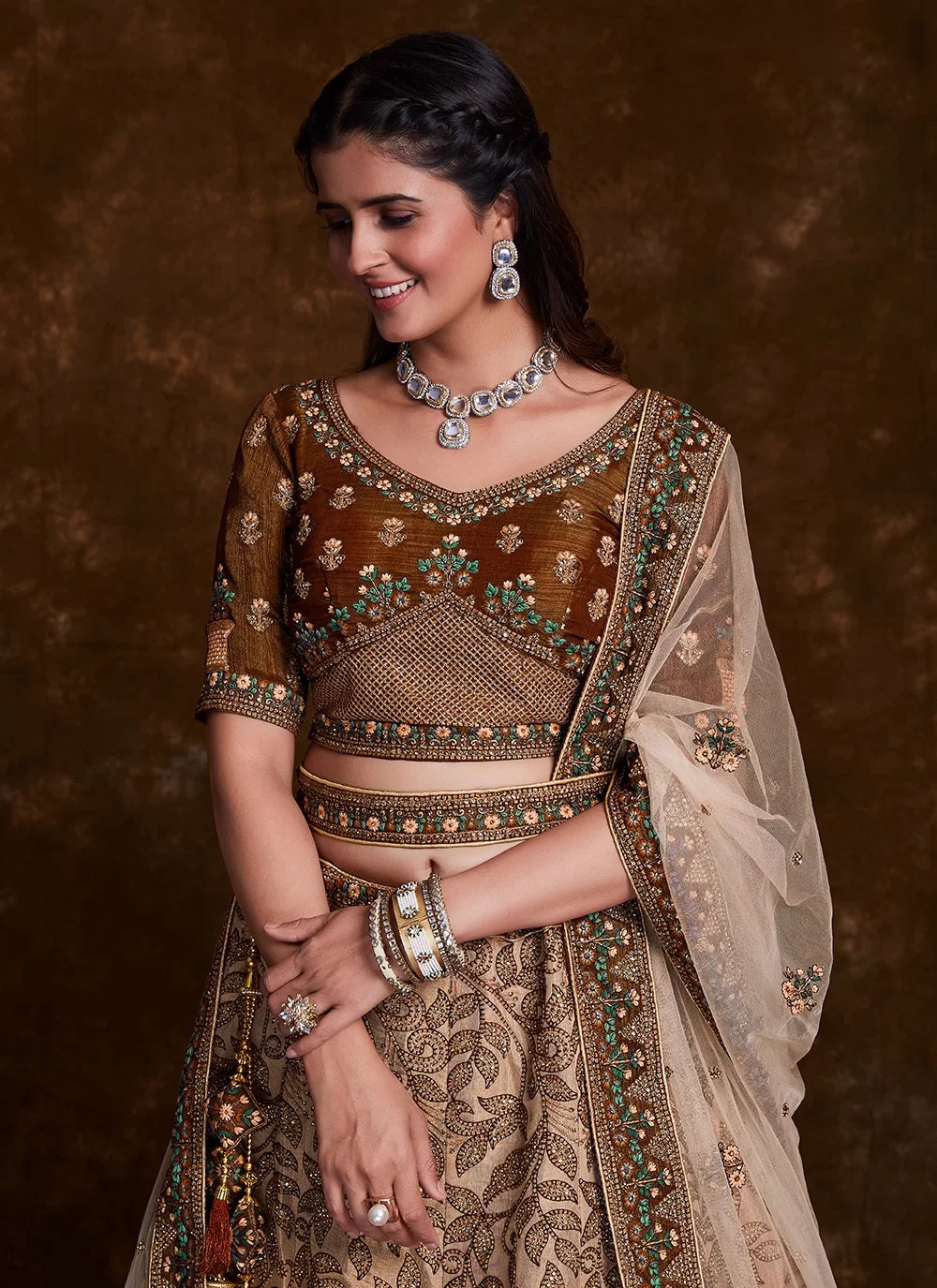 Indian Art Silk Brown Lehenga Set with Thread, Zari & Dori Work Clothsvilla