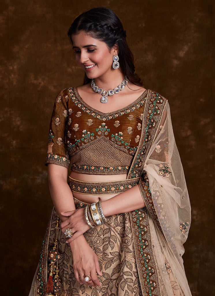 Shop Dark Brown Embroidered Lehenga With Tassels Online in USA – Pure  Elegance