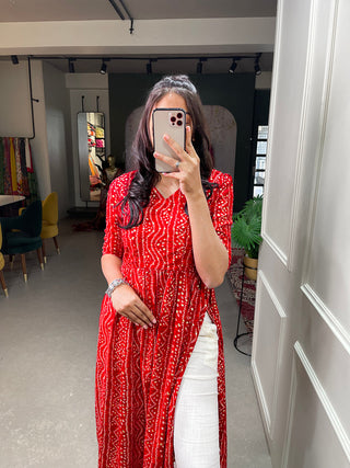 Red Color Foil and Printed Pure Cotton Kurti Clothsvilla