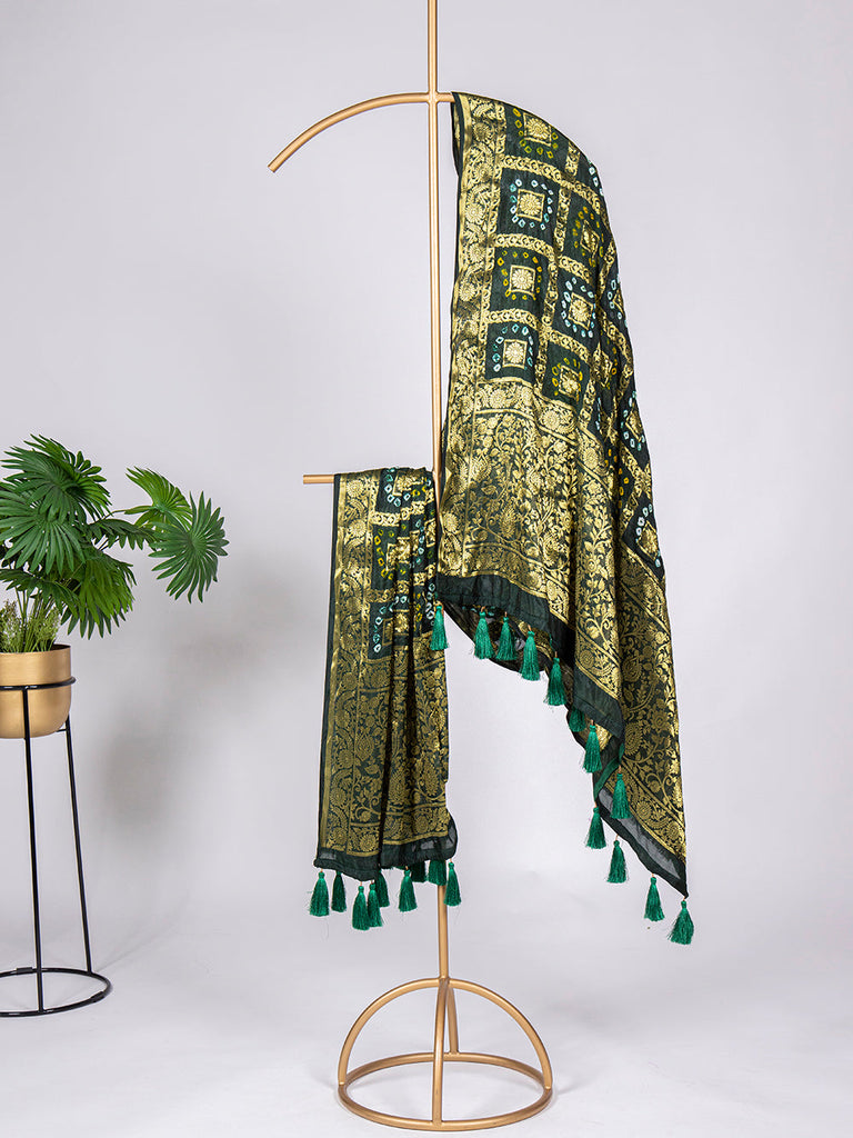 Green Color Zari Weaving Work Original Bandhej Silk Dupatta Clothsvilla