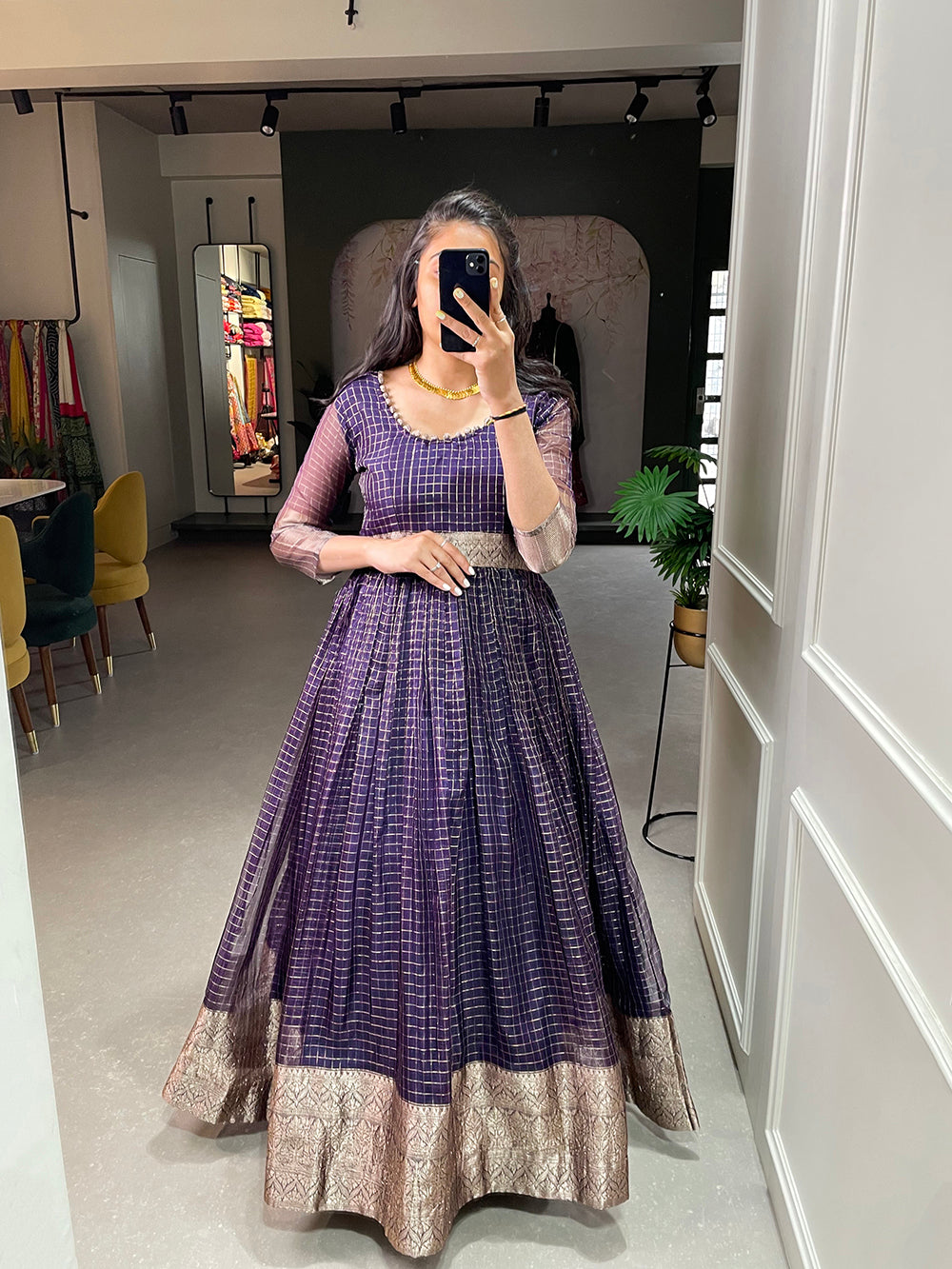 Wine Color Zari Weaving Work Organza Chex Gown Clothsvilla