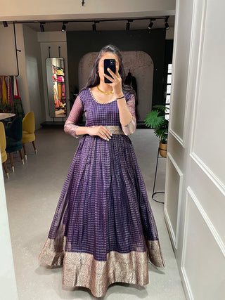 Wine Color Zari Weaving Work Organza Chex Gown Clothsvilla