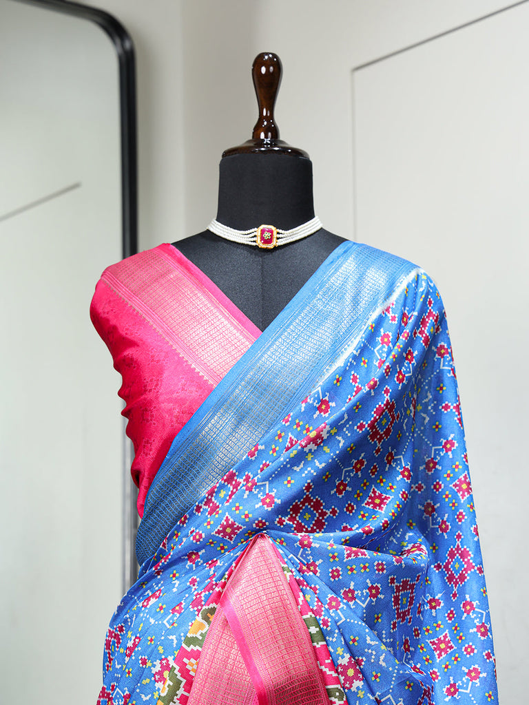 Sky Blue Color Digital Patola Printed Dola Silk Saree Clothsvilla