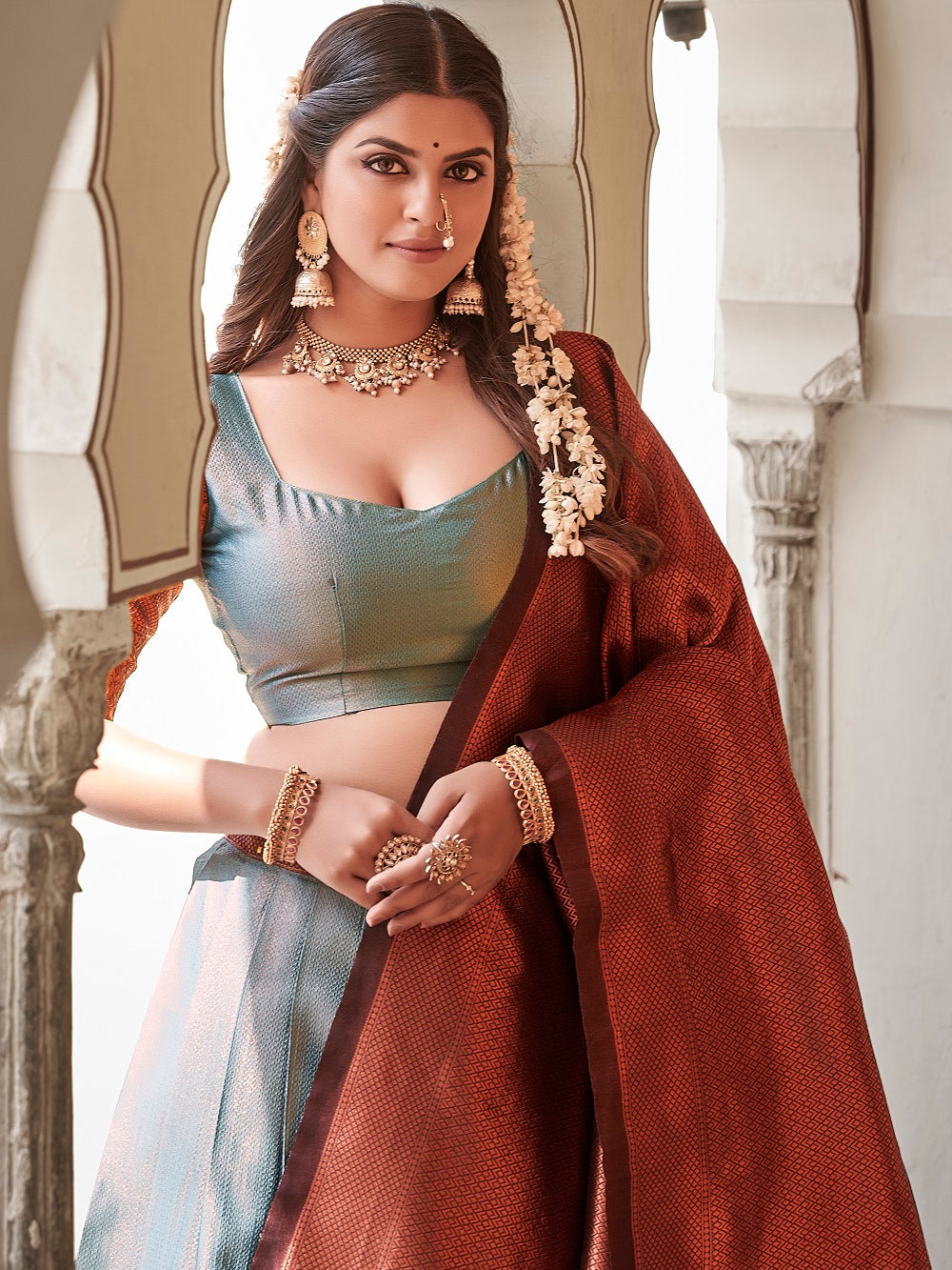 Sky Blue Color Zari Weaving Work Jacquard Silk Pattu Lehenga Choli ClothsVilla.com