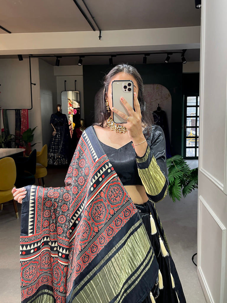 Black Color Dyeing With Lagdi Patta Gaji Silk Lehenga Choli ClothsVilla.com