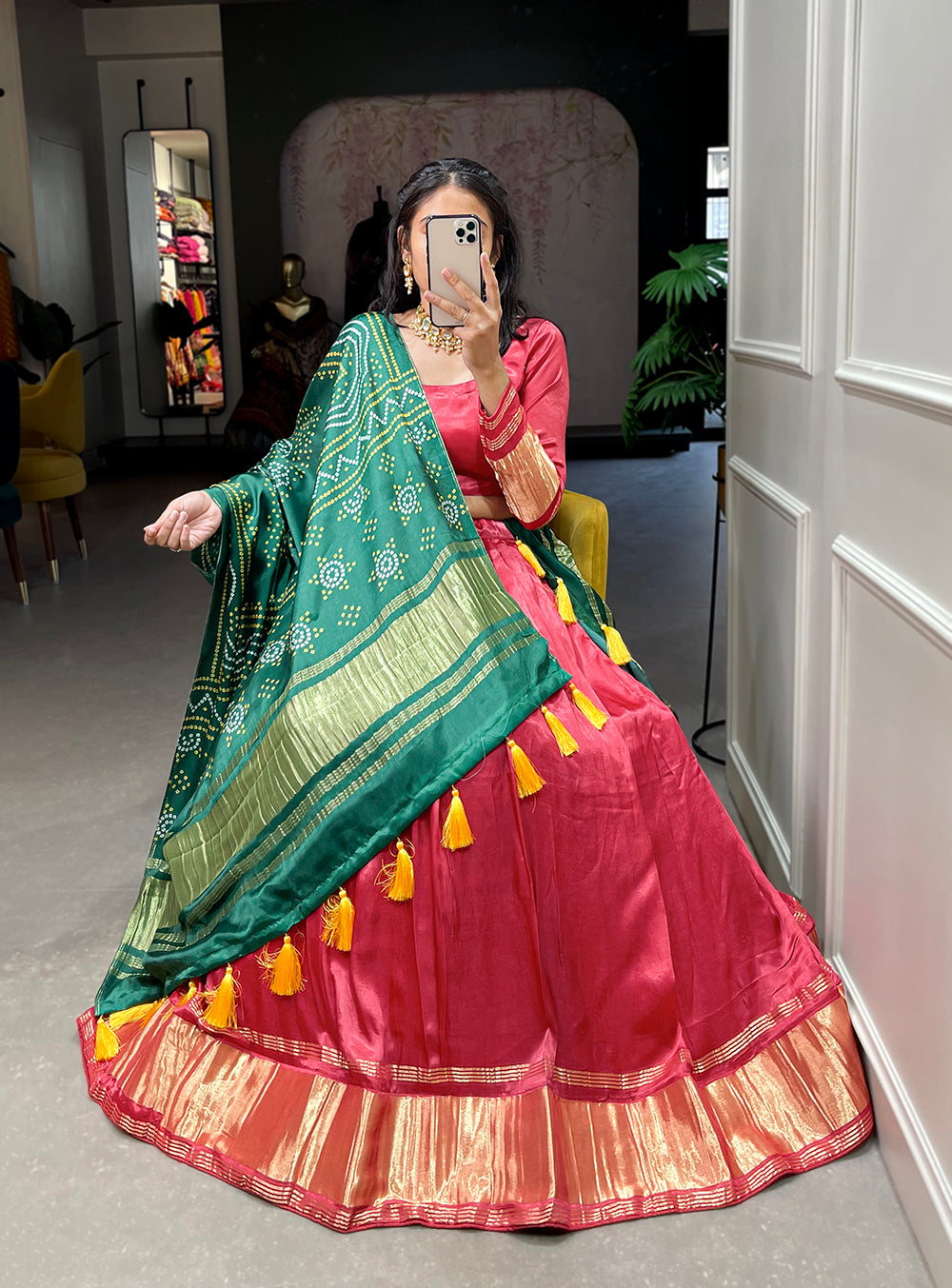 Salmon Color Dyeing With Lagdi Patta Gaji Silk Lehenga Choli ClothsVilla.com
