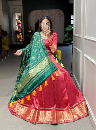 Salmon Color Dyeing With Lagdi Patta Gaji Silk Lehenga Choli ClothsVilla.com