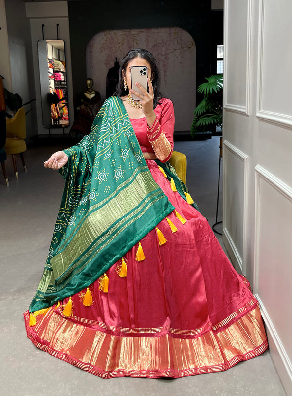 Salmon Color Dyeing With Lagdi Patta Gaji Silk Lehenga Choli ClothsVilla.com
