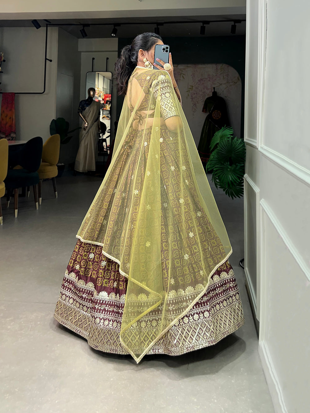 Brown Color Digital Printed Sequins And Embroider Work Chinon Indian Lehenga Choli Clothsvilla