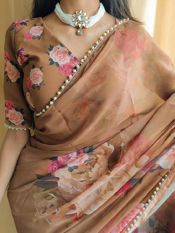 Brown Color Printed With Peral Lace Border Georgette Saree Clothsvilla