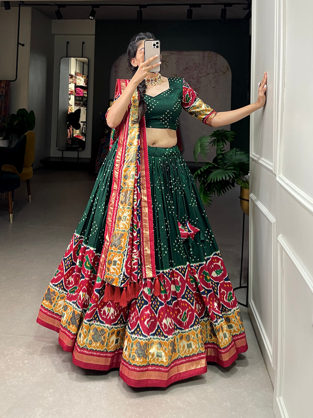 Green Color Patola Print With Foil Work Tussar Silk Lehenga Choli ClothsVilla