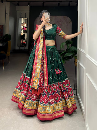 Green Color Patola Print With Foil Work Tussar Silk Lehenga Choli ClothsVilla