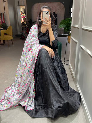 Black Color Plain Dola Silk Gown Clothsvilla