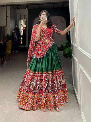 Green Color Patola Print With Gamthi Work And Mirror Work Dola Silk Chaniya Choli ClothsVilla.com
