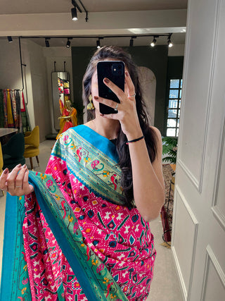 Pink Color Patola Paithani Printed with Foil Work Dola Silk Saree Clothsvilla