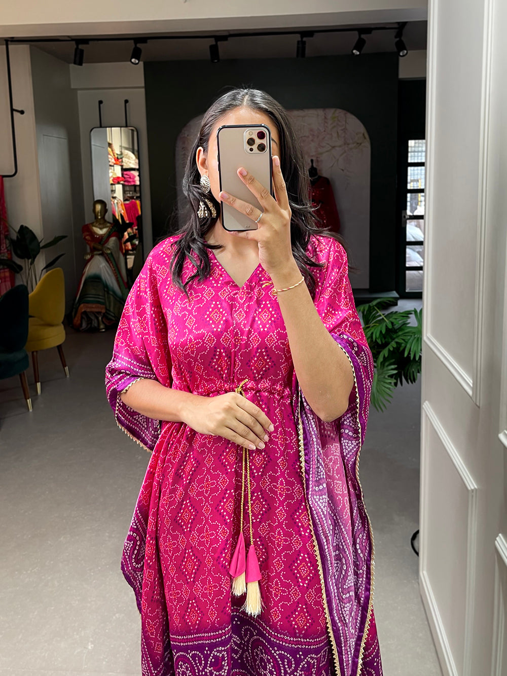Pink Color Bandhej Printed Gaji Silk Kaftan ClothsVilla.com