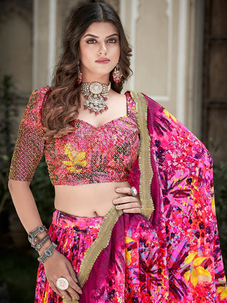 Pink Color Digital Print With Sequins Embroidery Work Crushed Chinon Lehenga Choli ClothsVilla.com