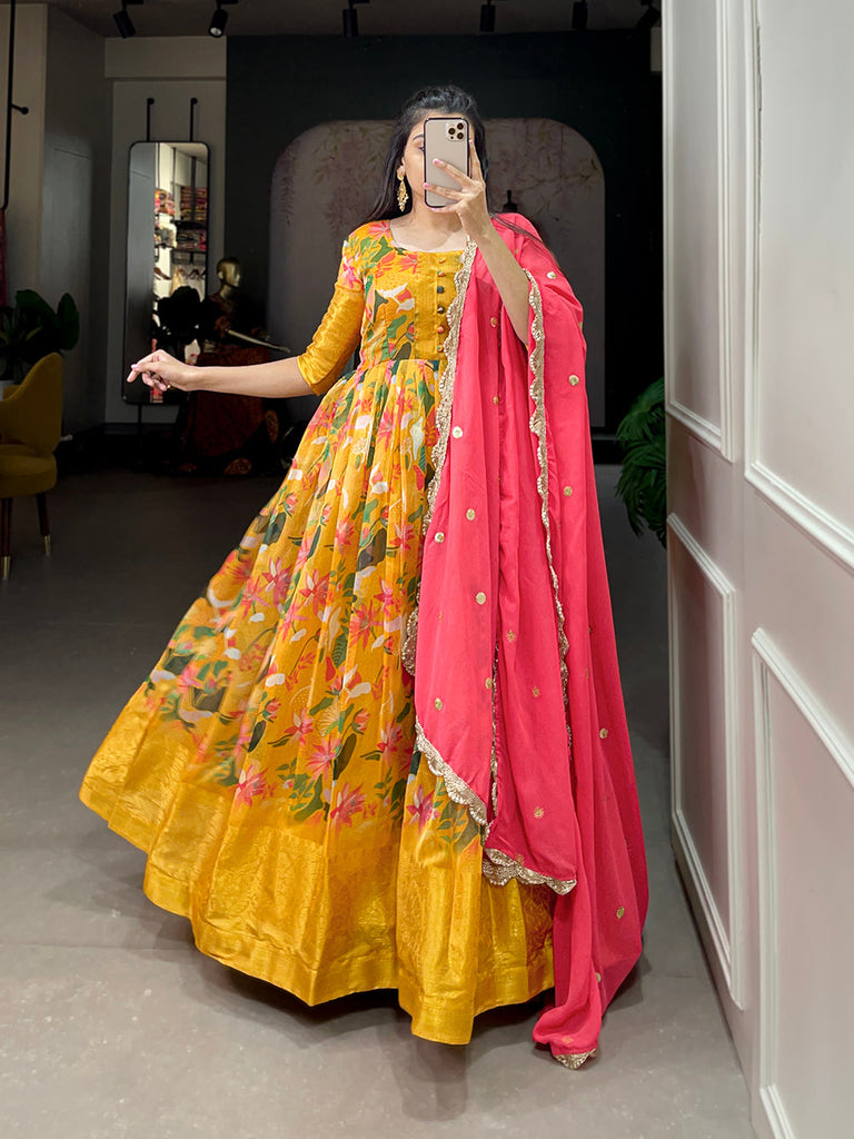 Yellow Color Printed With Weaving Work Patta Soft Chanderi  Dress Clothsvilla