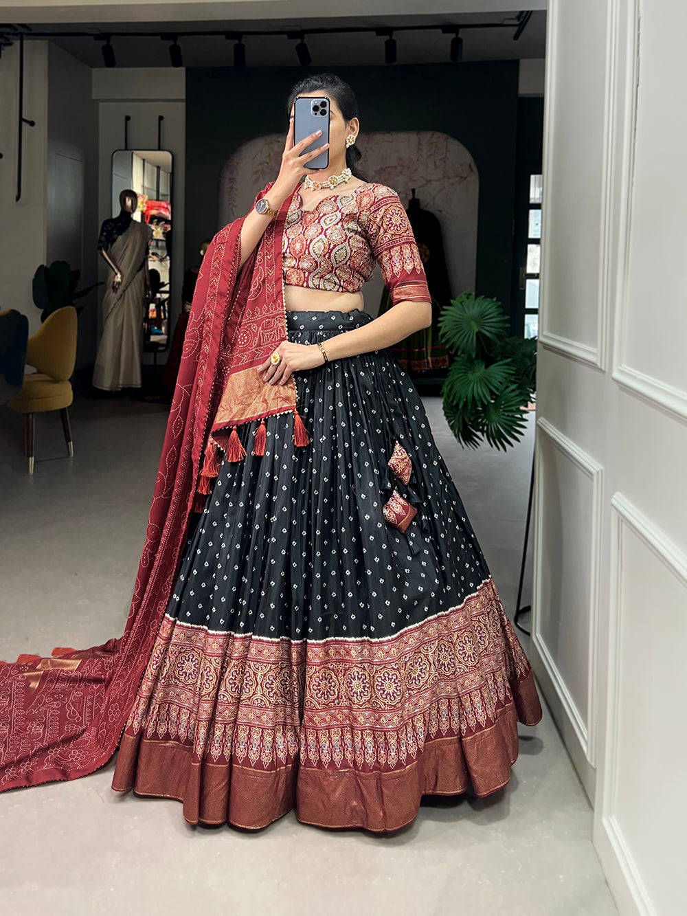 Black Color Bandhani And Ajrakh Print With Foil Work  Dola Silk Chaniya Choli Clothsvilla