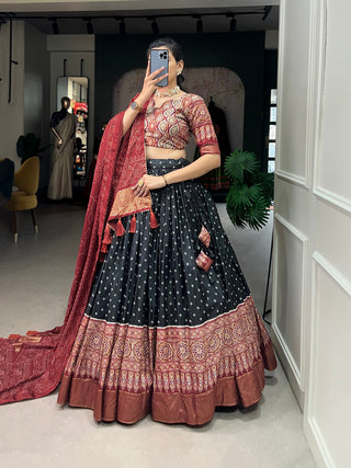 Black Color Bandhani And Ajrakh Print With Foil Work  Dola Silk Chaniya Choli Clothsvilla