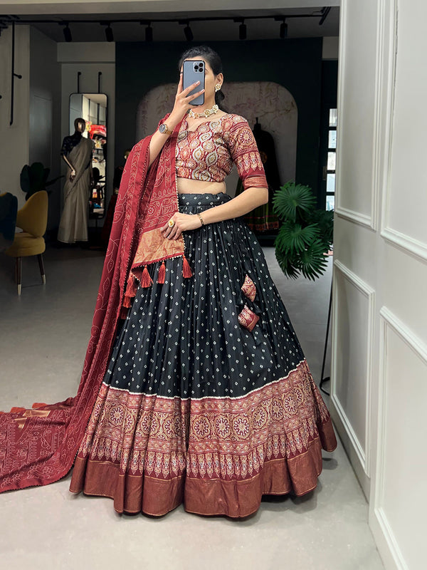 Black Color Bandhani And Ajrakh Print With Foil Work  Dola Silk Chaniya Choli Clothsvilla
